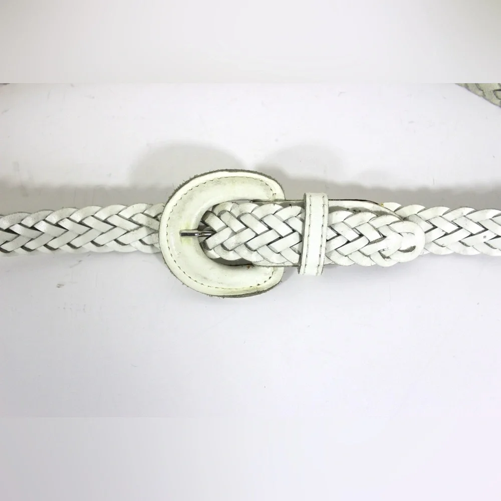 Skinny White Woven Braided Leather Belt, Narrow Self Covered Leather Buckle M L - Picture 3 of 7